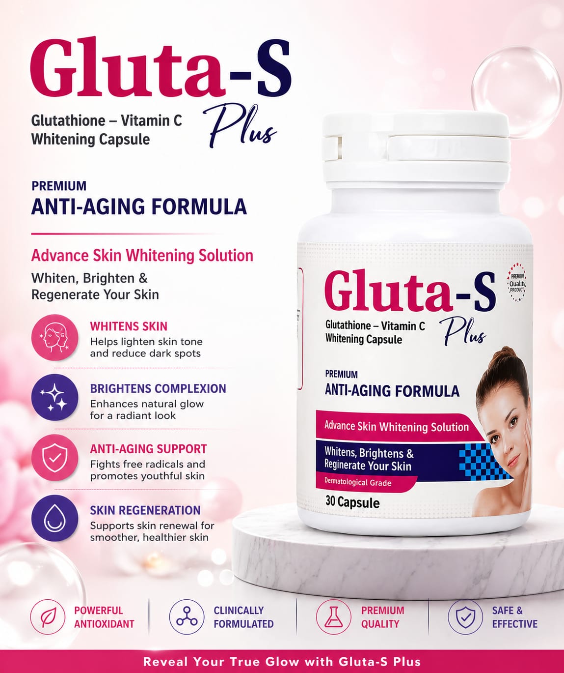 Gluta-S Plus Glutathione Vitamin C Whitening Capsules | Anti-Aging Skin Brightening Formula 30caps