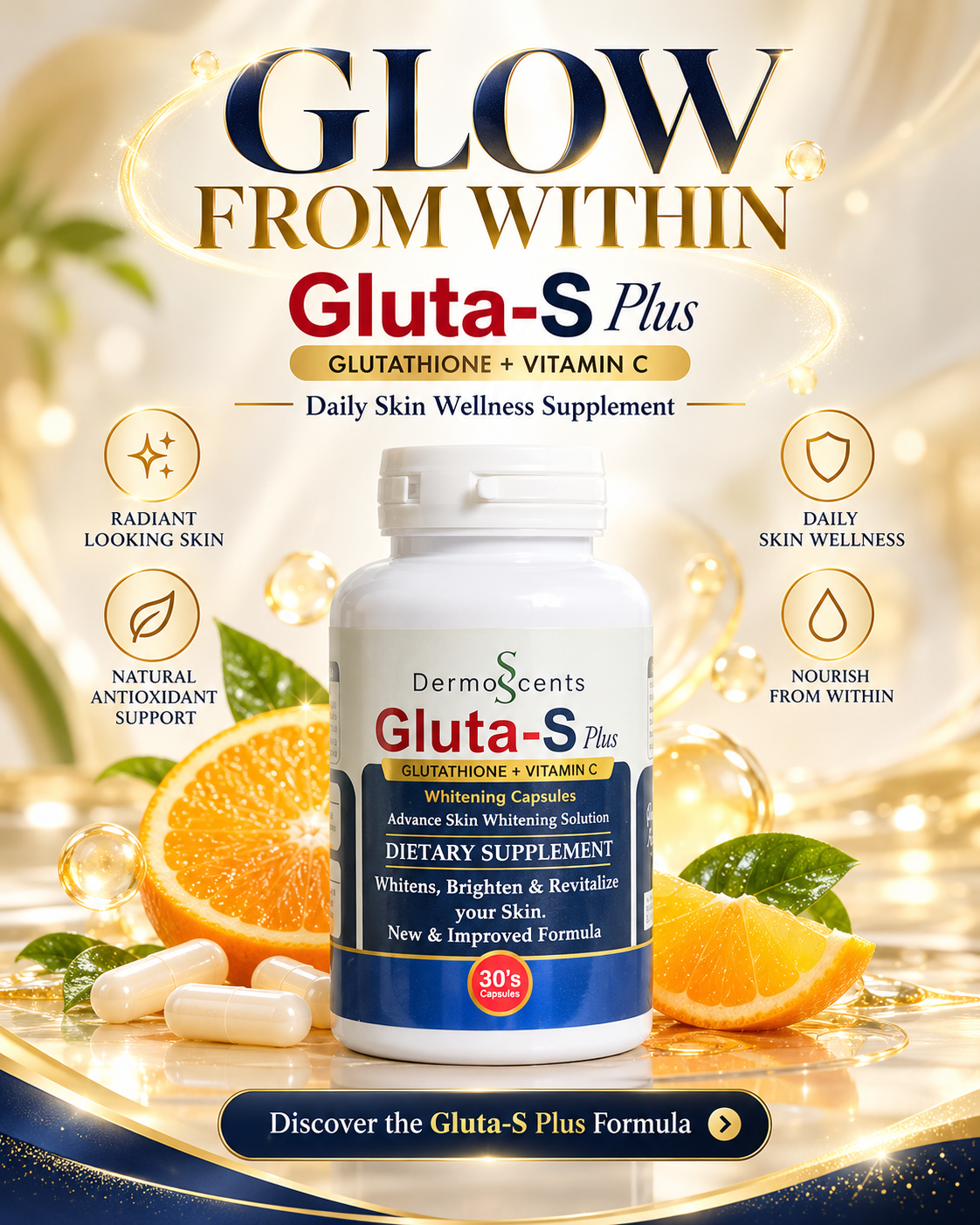 Gluta-S Plus Glutathione Vitamin C Whitening Capsules | Anti-Aging Skin Brightening Formula 30caps